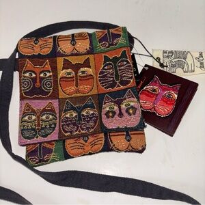 Laurel Burch Canvas Cat Faces Cross Body Colorful New With Tags  6" W x 7.5" H